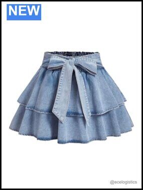 Women's Plus Size Denim Mini Skirt Bow Tie Knot Ruffle Tiered Short Jean Skirt